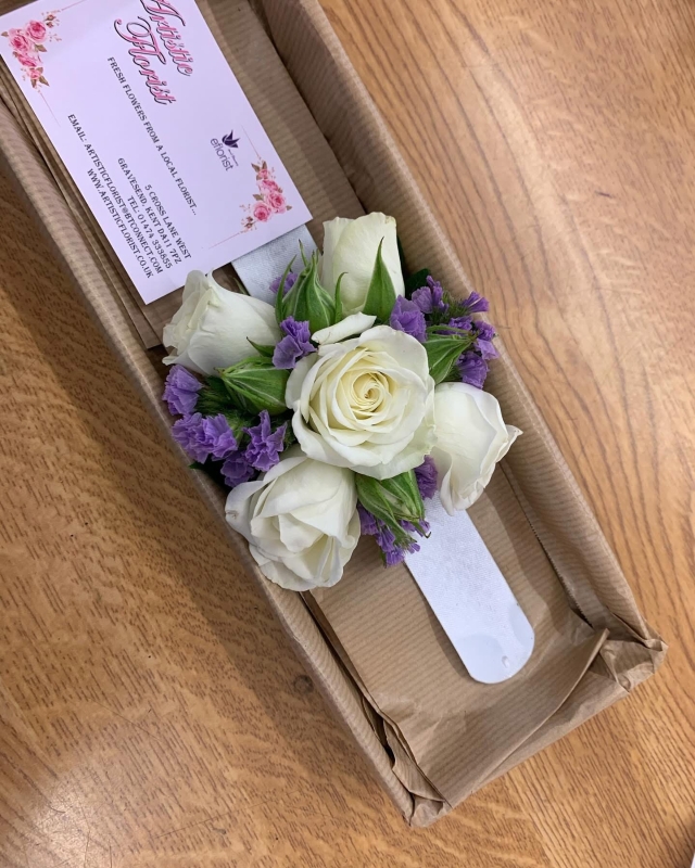 White & Lilac Wrist Corsage